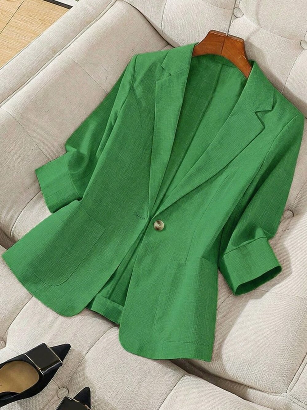 Green Elegant Women's 3/4 Sleeve Collared Waist-Cinched Blazer